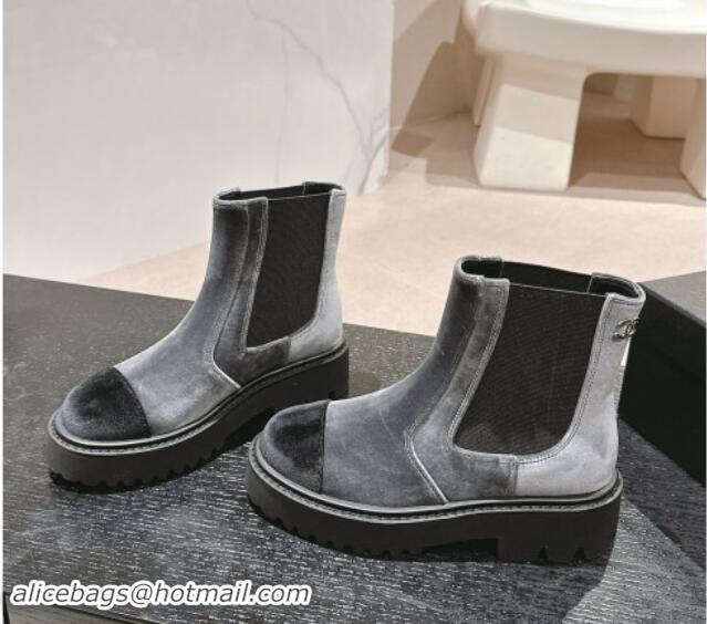 Good Quality Chanel Velvet Chelsea Platform Ankle Boots Grey 909086