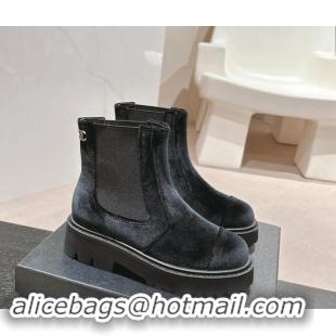 Stylish Chanel Velvet Chelsea Platform Ankle Boots Black 909087