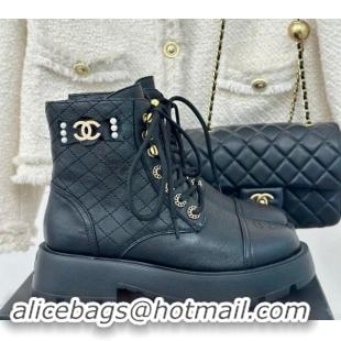 Luxury Chanel Quilted Calfskin Lace-up Platform Ankle Boots with Pearls CC Patch Black 909090