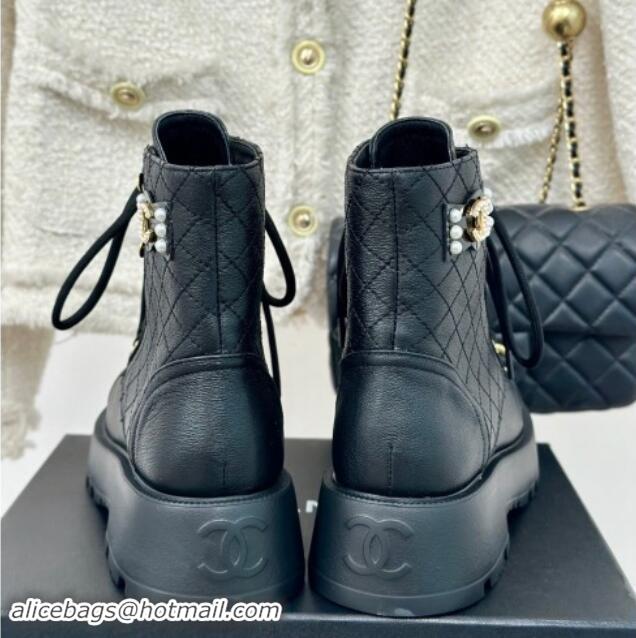 Luxury Chanel Quilted Calfskin Lace-up Platform Ankle Boots with Pearls CC Patch Black 909090