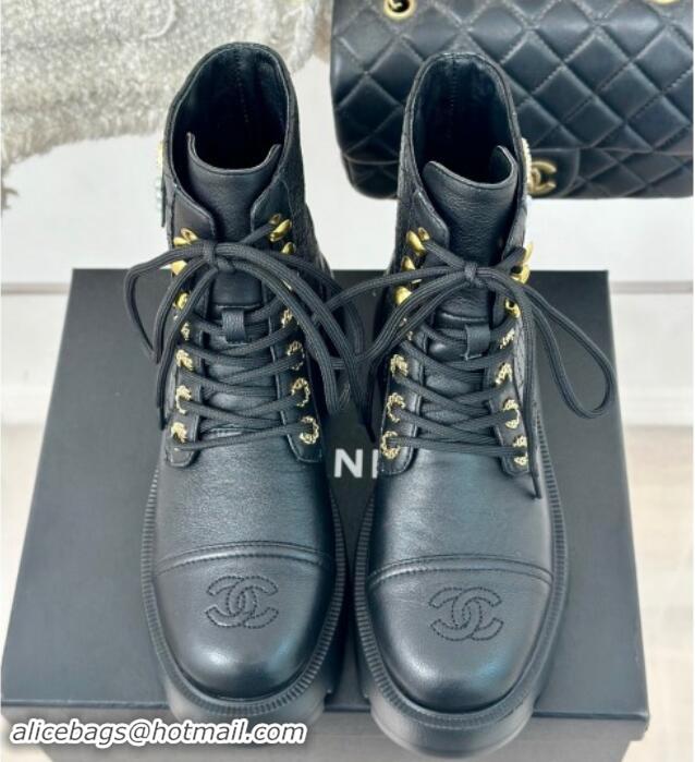 Luxury Chanel Quilted Calfskin Lace-up Platform Ankle Boots with Pearls CC Patch Black 909090