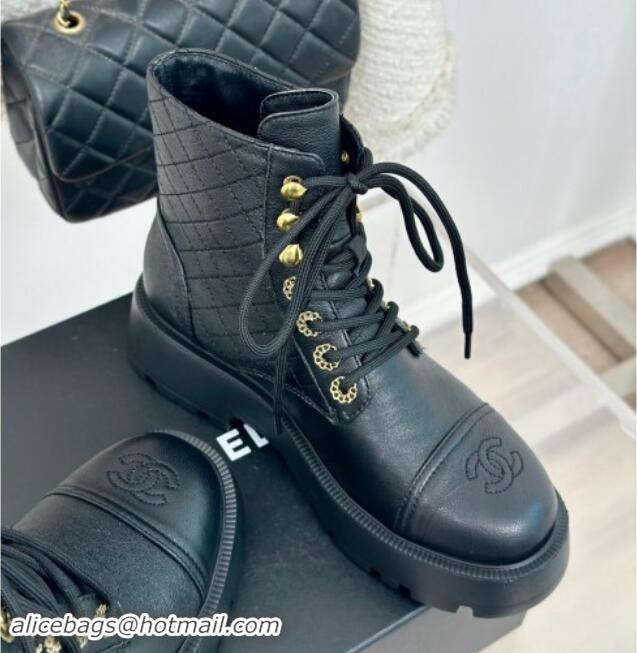 Luxury Chanel Quilted Calfskin Lace-up Platform Ankle Boots with Pearls CC Patch Black 909090