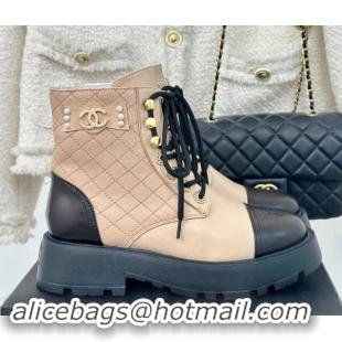 Charming Chanel Quilted Calfskin Lace-up Platform Ankle Boots with Pearls CC Patch Beige 909091