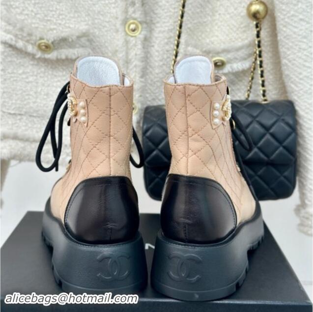 Charming Chanel Quilted Calfskin Lace-up Platform Ankle Boots with Pearls CC Patch Beige 909091