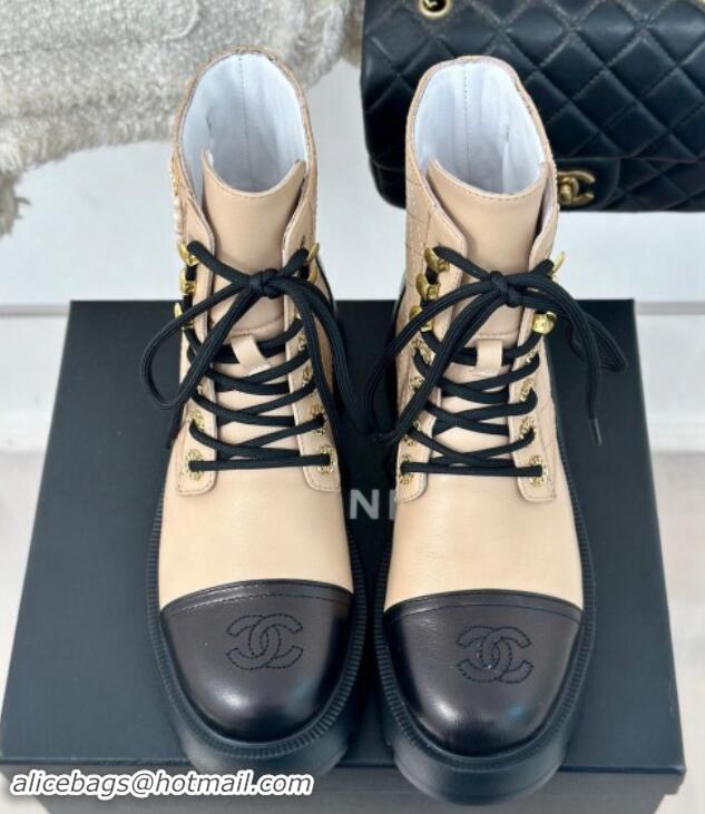 Charming Chanel Quilted Calfskin Lace-up Platform Ankle Boots with Pearls CC Patch Beige 909091