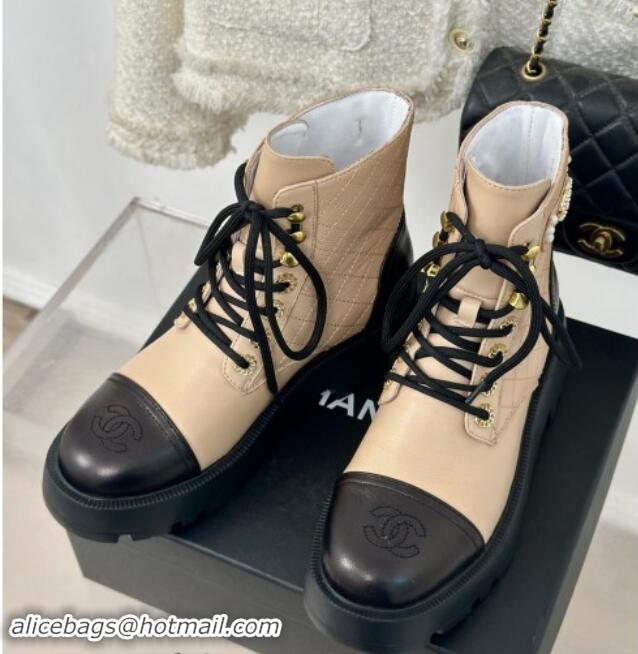 Charming Chanel Quilted Calfskin Lace-up Platform Ankle Boots with Pearls CC Patch Beige 909091