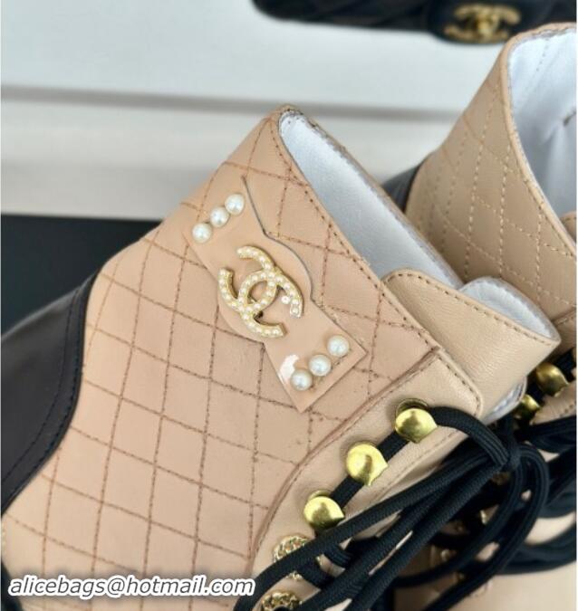 Charming Chanel Quilted Calfskin Lace-up Platform Ankle Boots with Pearls CC Patch Beige 909091