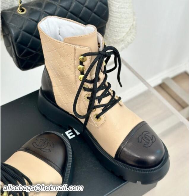 Charming Chanel Quilted Calfskin Lace-up Platform Ankle Boots with Pearls CC Patch Beige 909091