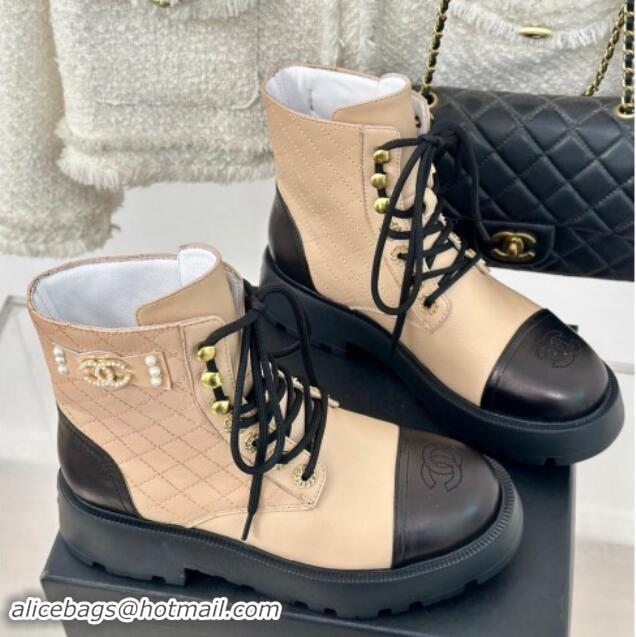 Charming Chanel Quilted Calfskin Lace-up Platform Ankle Boots with Pearls CC Patch Beige 909091