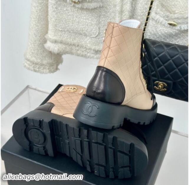 Charming Chanel Quilted Calfskin Lace-up Platform Ankle Boots with Pearls CC Patch Beige 909091