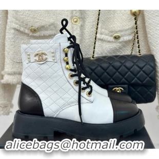 Fashion Chanel Quilted Calfskin Lace-up Platform Ankle Boots with Pearls CC Patch White 909092