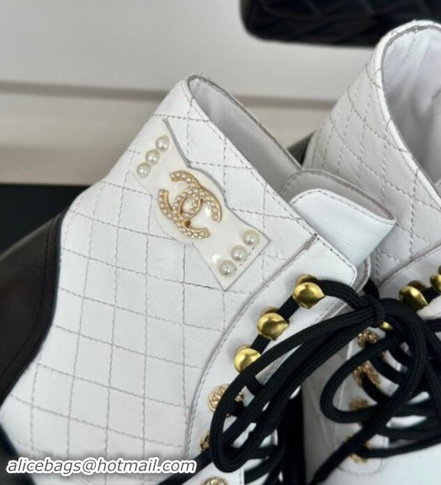 Fashion Chanel Quilted Calfskin Lace-up Platform Ankle Boots with Pearls CC Patch White 909092