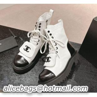 Best Price Chanel Shiny Calfskin Lace-up Platform Ankle Boots with Pocket White 909093