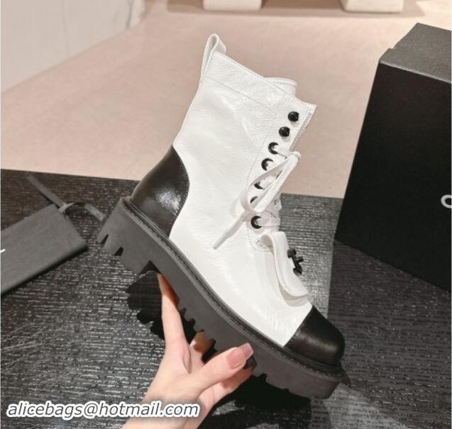 Best Price Chanel Shiny Calfskin Lace-up Platform Ankle Boots with Pocket White 909093