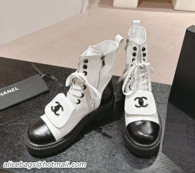 Best Price Chanel Shiny Calfskin Lace-up Platform Ankle Boots with Pocket White 909093