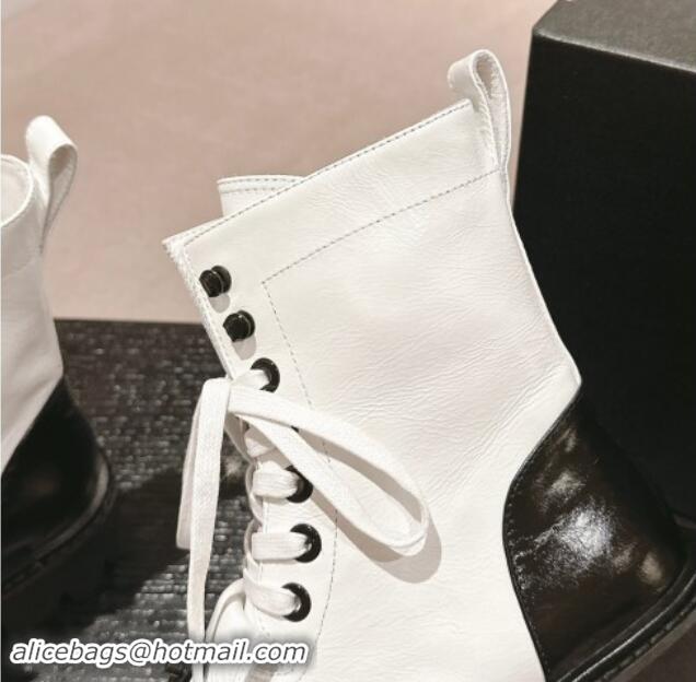 Best Price Chanel Shiny Calfskin Lace-up Platform Ankle Boots with Pocket White 909093