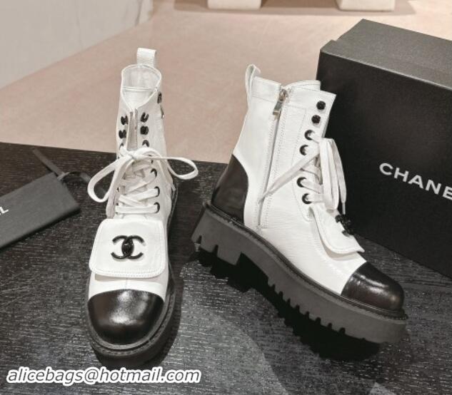 Best Price Chanel Shiny Calfskin Lace-up Platform Ankle Boots with Pocket White 909093