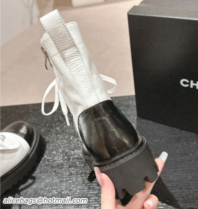 Best Price Chanel Shiny Calfskin Lace-up Platform Ankle Boots with Pocket White 909093