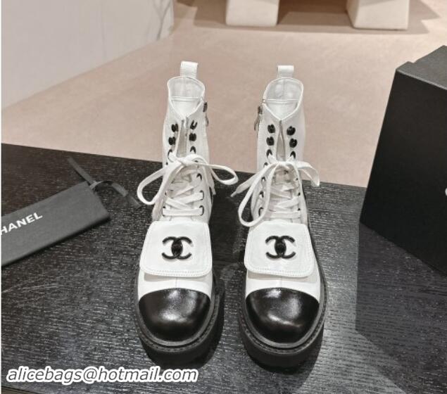 Best Price Chanel Shiny Calfskin Lace-up Platform Ankle Boots with Pocket White 909093