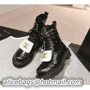 Good Product Chanel Shiny Calfskin Lace-up Platform Ankle Boots with Pocket Black/White 909094