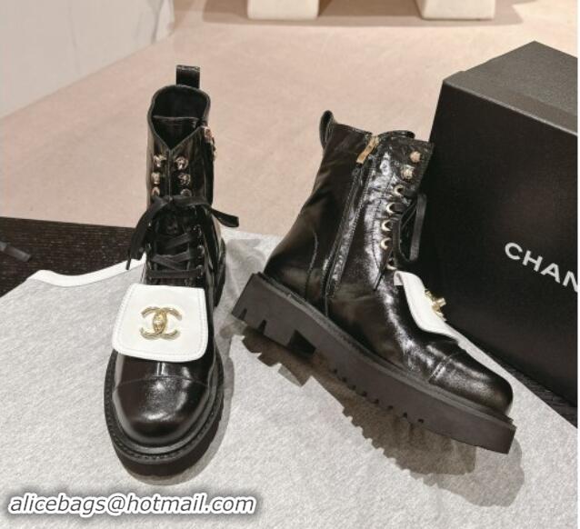 Good Product Chanel Shiny Calfskin Lace-up Platform Ankle Boots with Pocket Black/White 909094