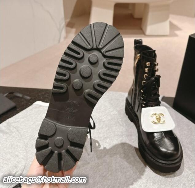 Good Product Chanel Shiny Calfskin Lace-up Platform Ankle Boots with Pocket Black/White 909094