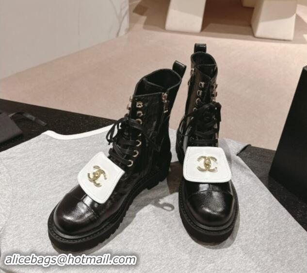 Good Product Chanel Shiny Calfskin Lace-up Platform Ankle Boots with Pocket Black/White 909094