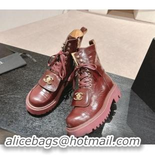 Hot Style Chanel Shiny Calfskin Lace-up Platform Ankle Boots with Pocket Burgundy 909095