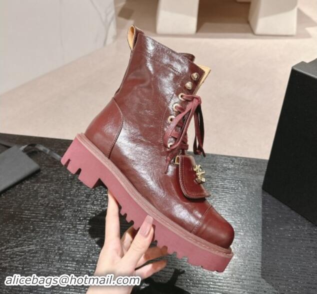 Hot Style Chanel Shiny Calfskin Lace-up Platform Ankle Boots with Pocket Burgundy 909095