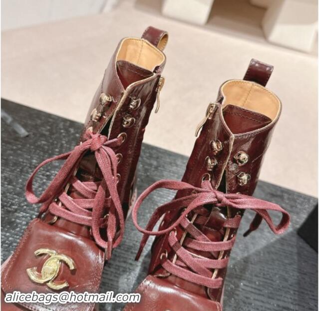 Hot Style Chanel Shiny Calfskin Lace-up Platform Ankle Boots with Pocket Burgundy 909095