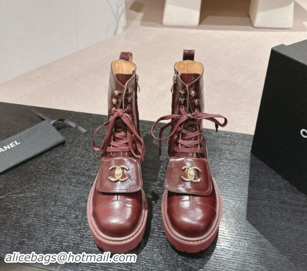 Hot Style Chanel Shiny Calfskin Lace-up Platform Ankle Boots with Pocket Burgundy 909095