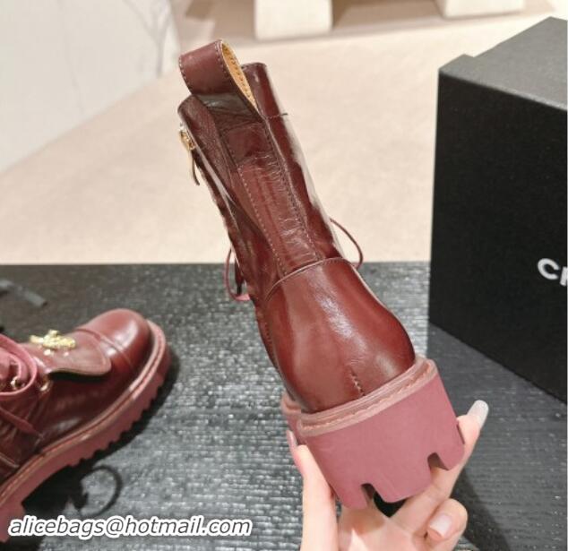 Hot Style Chanel Shiny Calfskin Lace-up Platform Ankle Boots with Pocket Burgundy 909095