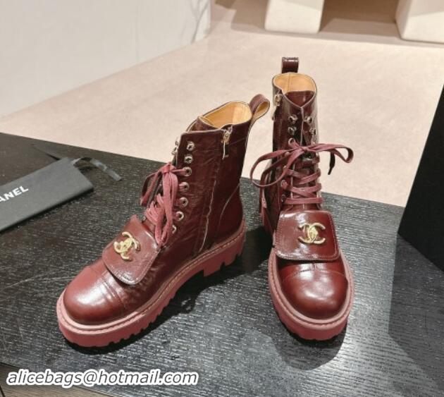 Hot Style Chanel Shiny Calfskin Lace-up Platform Ankle Boots with Pocket Burgundy 909095