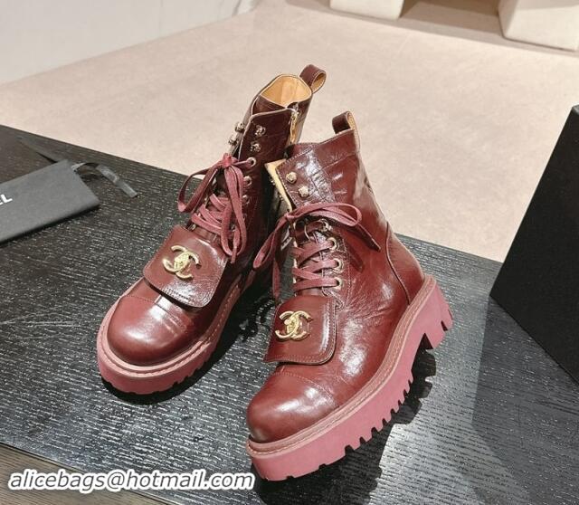 Hot Style Chanel Shiny Calfskin Lace-up Platform Ankle Boots with Pocket Burgundy 909095