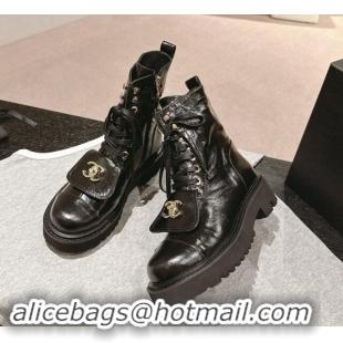 Most Popular Chanel Shiny Calfskin Lace-up Platform Ankle Boots with Pocket Black 909096