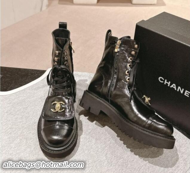 Most Popular Chanel Shiny Calfskin Lace-up Platform Ankle Boots with Pocket Black 909096