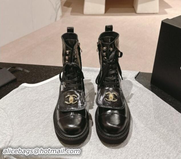 Most Popular Chanel Shiny Calfskin Lace-up Platform Ankle Boots with Pocket Black 909096