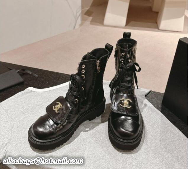 Most Popular Chanel Shiny Calfskin Lace-up Platform Ankle Boots with Pocket Black 909096