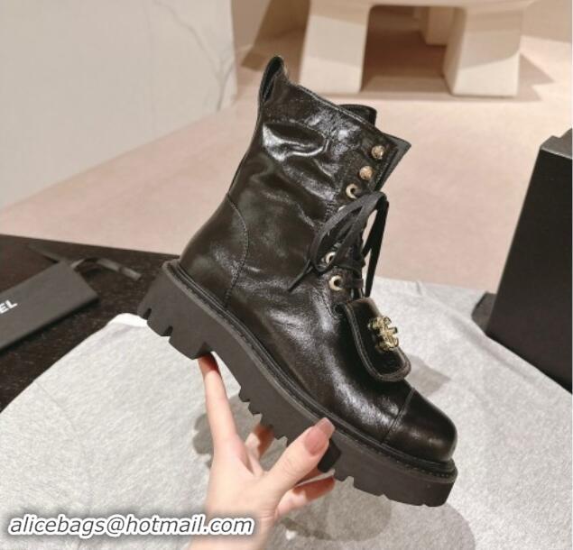 Most Popular Chanel Shiny Calfskin Lace-up Platform Ankle Boots with Pocket Black 909096