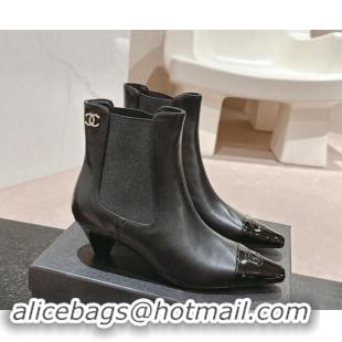 Pretty Style Chanel Calfskin Leather Heel Pointed Ankle Boots Black 909097