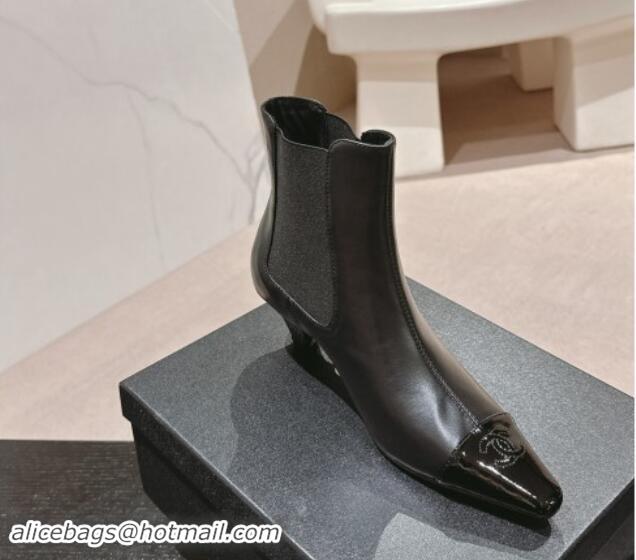 Pretty Style Chanel Calfskin Leather Heel Pointed Ankle Boots Black 909097