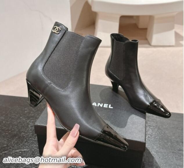 Pretty Style Chanel Calfskin Leather Heel Pointed Ankle Boots Black 909097