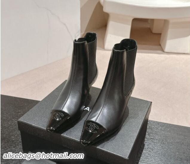 Pretty Style Chanel Calfskin Leather Heel Pointed Ankle Boots Black 909097