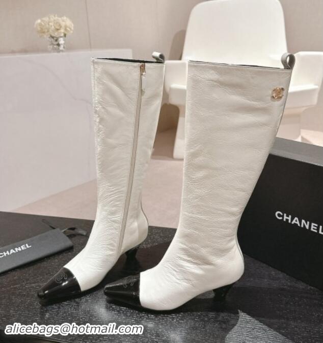 Trendy Design Chanel Aged Calfskin Heel Pointed High Boots White 909102