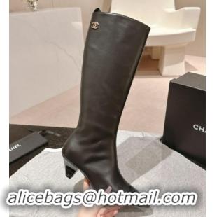 Good Product Chanel Calfskin Leather Heel Pointed High Boots Black 909101