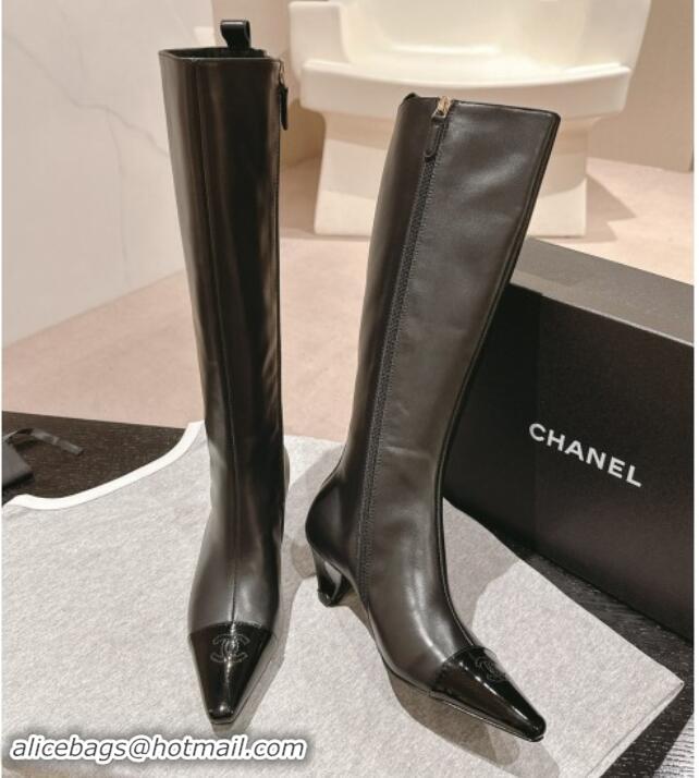 Good Product Chanel Calfskin Leather Heel Pointed High Boots Black 909101