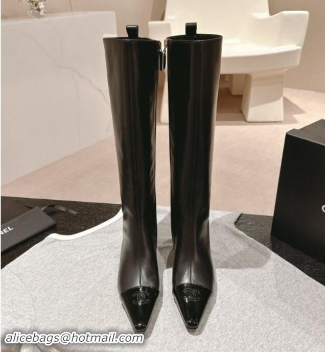 Good Product Chanel Calfskin Leather Heel Pointed High Boots Black 909101