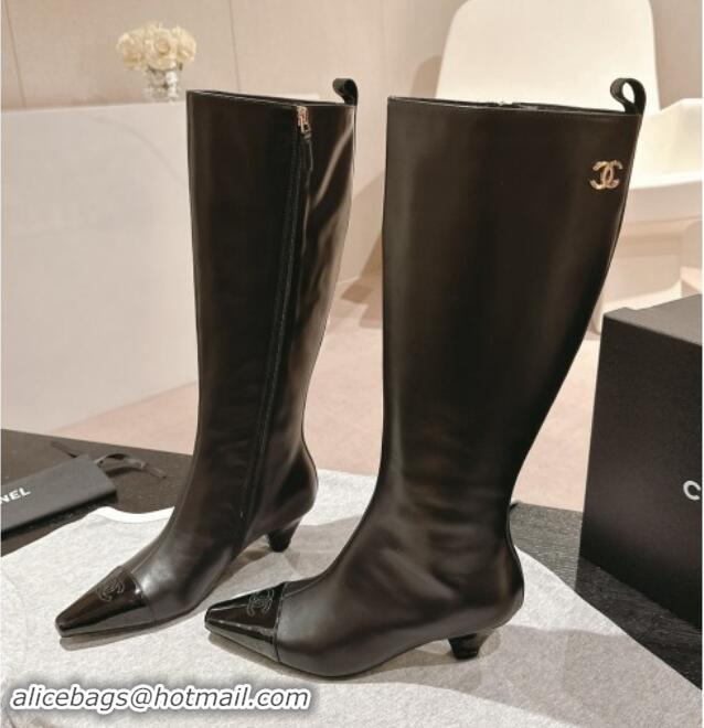 Good Product Chanel Calfskin Leather Heel Pointed High Boots Black 909101