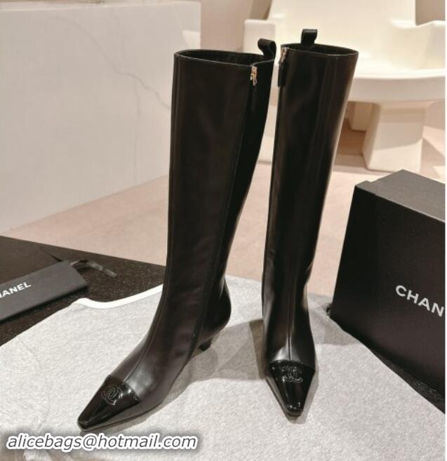 Good Product Chanel Calfskin Leather Heel Pointed High Boots Black 909101