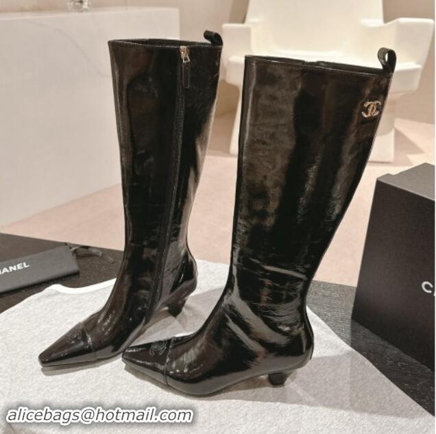 Sumptuous Chanel Patent Calfskin Heel Pointed High Boots Blac 909103